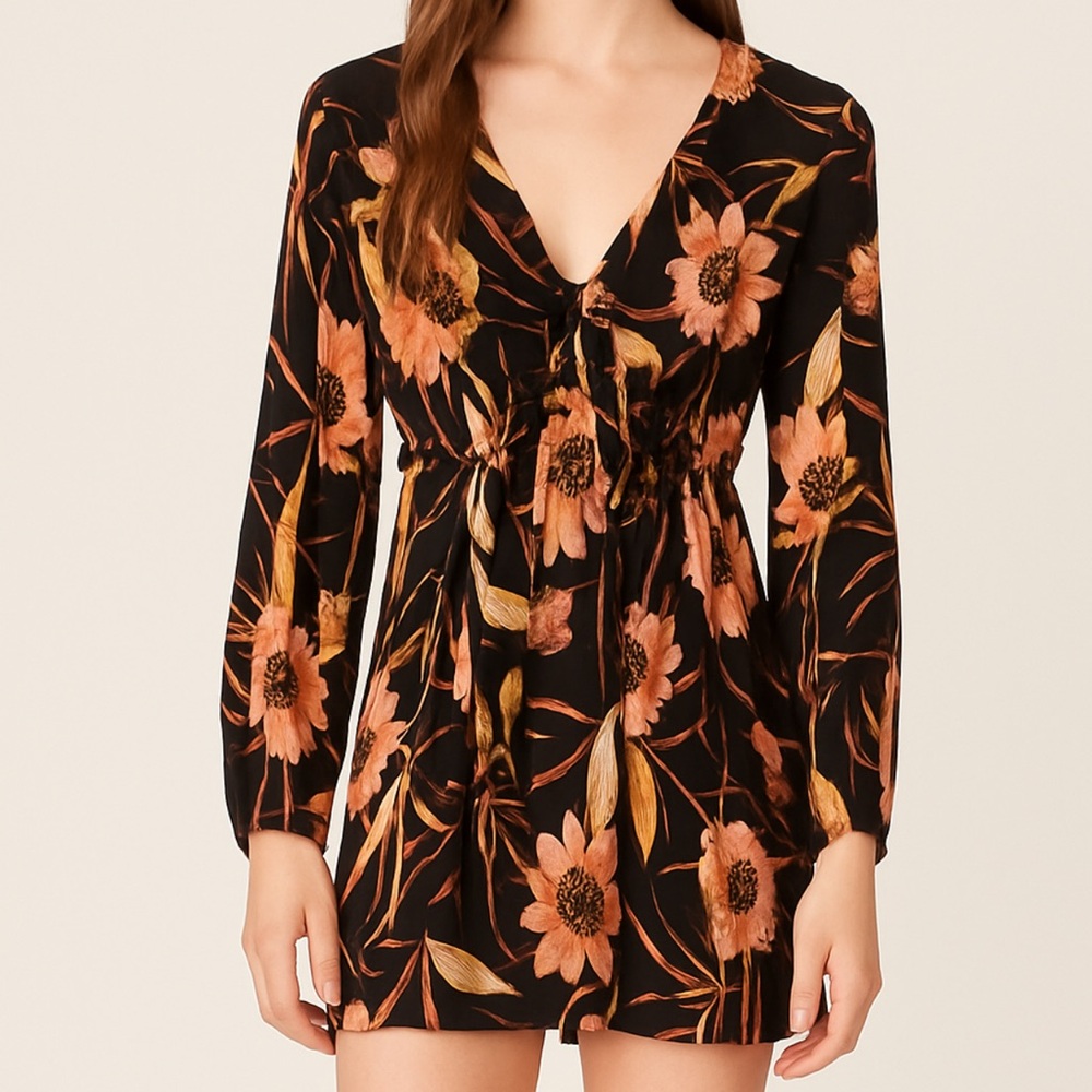 Billabong Black and Pink Floral Long Sleeve Dress Size XS